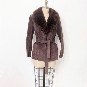 Brown Suede & Lamb Fur Belted Jacket – 90s Boho Western Coat – Size XS